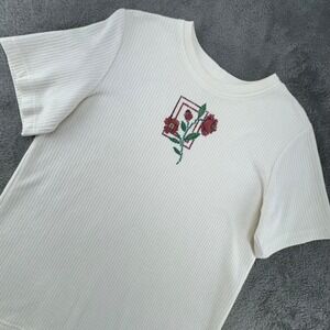 Graff Californiawear Womens Ribbed Knit T Shirt Embroidered Flowers White Size M